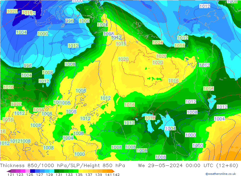 Dikte 850-1000 hPa ECMWF wo 29.05.2024 00 UTC