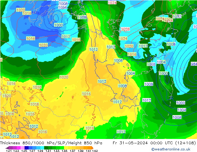 Espesor 850-1000 hPa ECMWF vie 31.05.2024 00 UTC