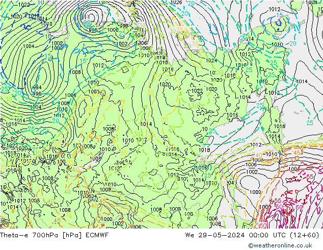 Theta-e 700hPa ECMWF We 29.05.2024 00 UTC