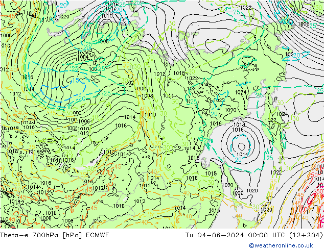 Theta-e 700hPa ECMWF Tu 04.06.2024 00 UTC