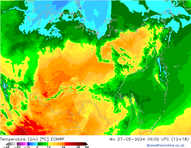 mapa temperatury (2m) ECMWF pon. 27.05.2024 06 UTC