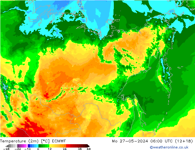 Temperatura (2m) ECMWF lun 27.05.2024 06 UTC