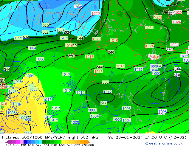 Thck 500-1000hPa ECMWF Su 26.05.2024 21 UTC