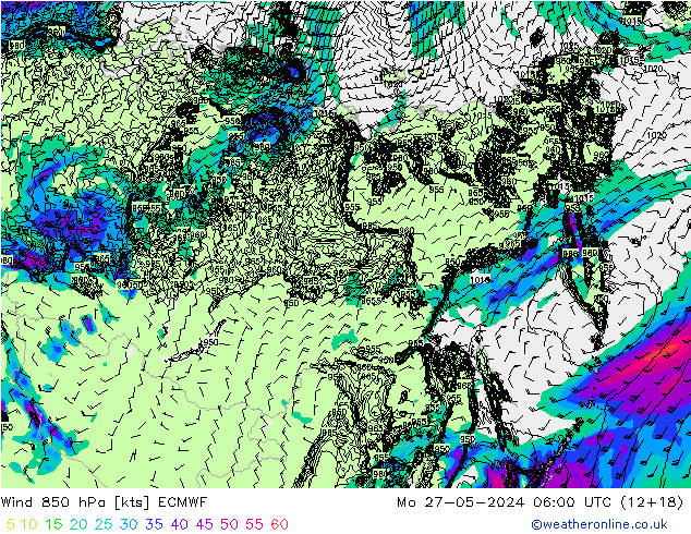 Wind 850 hPa ECMWF Mo 27.05.2024 06 UTC