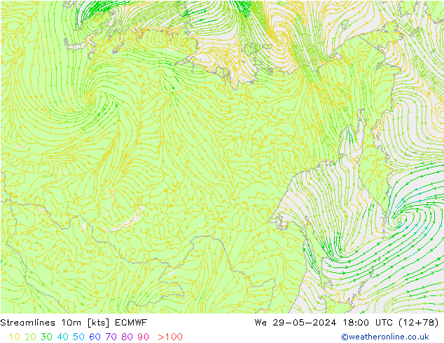 Streamlines 10m ECMWF We 29.05.2024 18 UTC