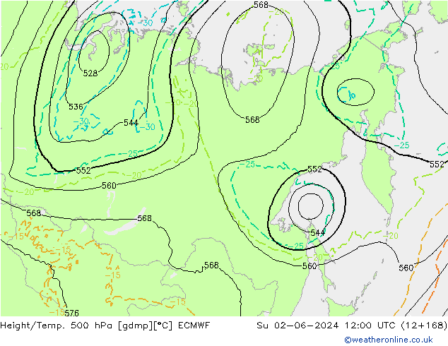 Z500/Rain (+SLP)/Z850 ECMWF Su 02.06.2024 12 UTC