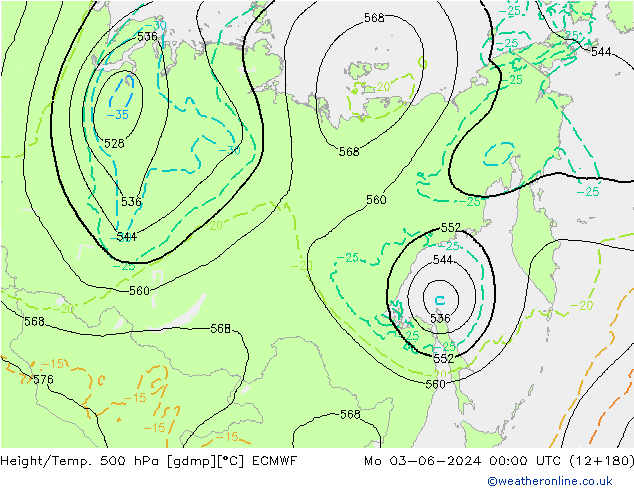 Z500/Rain (+SLP)/Z850 ECMWF pon. 03.06.2024 00 UTC