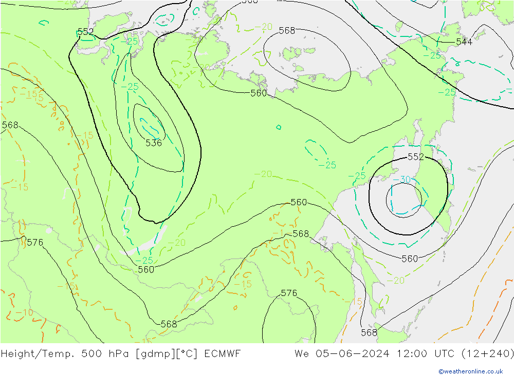Hoogte/Temp. 500 hPa ECMWF wo 05.06.2024 12 UTC