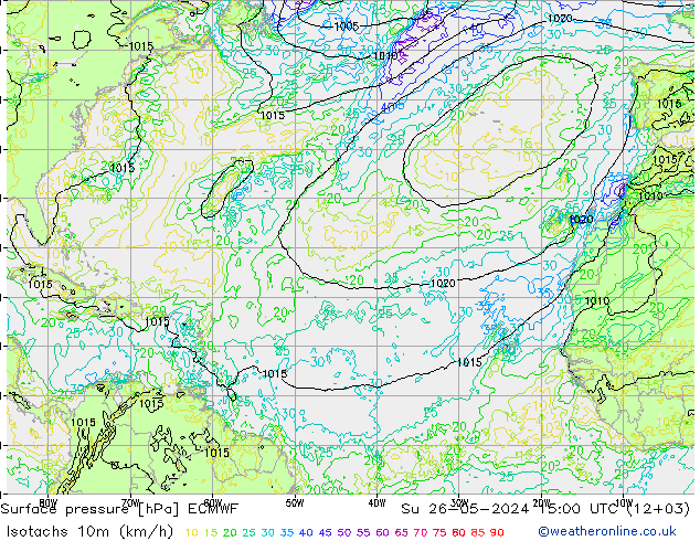 Isotachen (km/h) ECMWF zo 26.05.2024 15 UTC