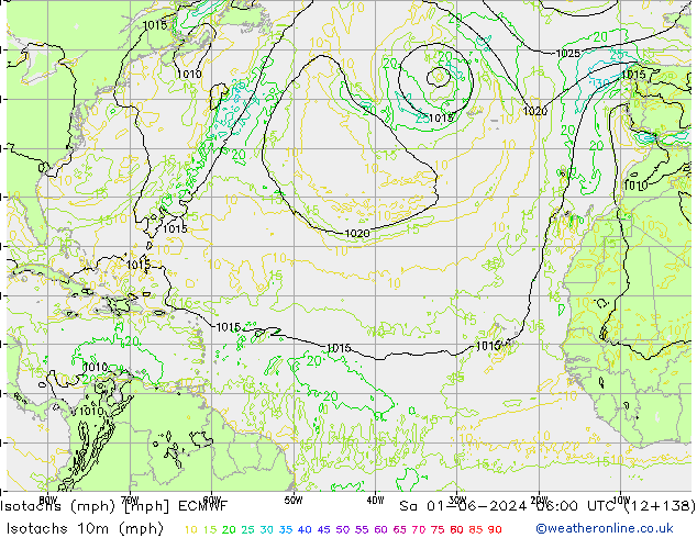 Isotaca (mph) ECMWF sáb 01.06.2024 06 UTC