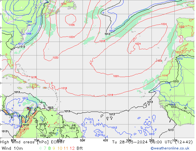 High wind areas ECMWF Út 28.05.2024 06 UTC