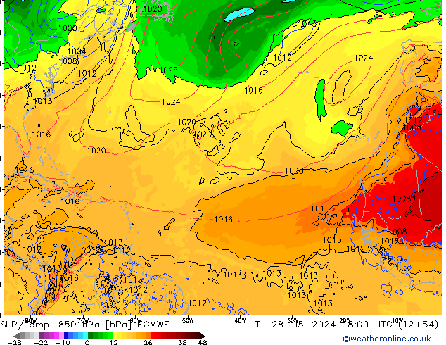 SLP/Temp. 850 hPa ECMWF Tu 28.05.2024 18 UTC