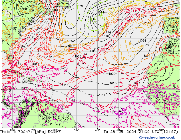 Theta-e 700hPa ECMWF Tu 28.05.2024 21 UTC