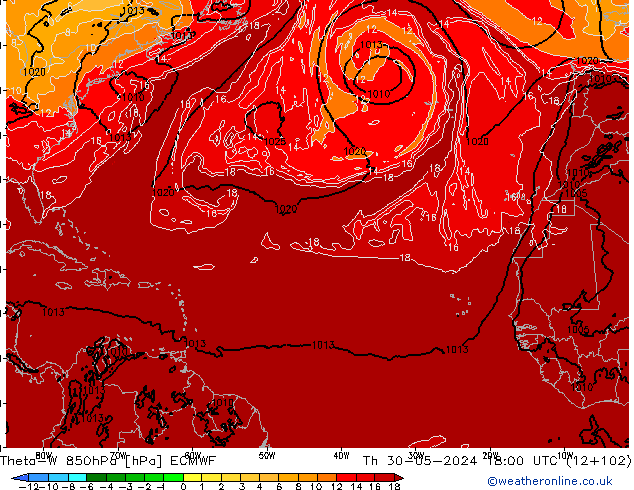 Theta-W 850hPa ECMWF do 30.05.2024 18 UTC