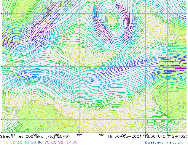 Stroomlijn 200 hPa ECMWF do 30.05.2024 18 UTC