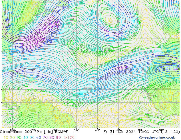 ветер 200 гПа ECMWF пт 31.05.2024 12 UTC