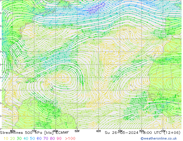 Linea di flusso 500 hPa ECMWF dom 26.05.2024 18 UTC