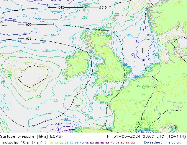 Isotaca (kph) ECMWF vie 31.05.2024 06 UTC