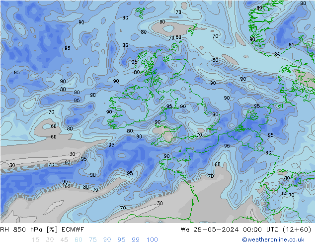 RH 850 hPa ECMWF śro. 29.05.2024 00 UTC