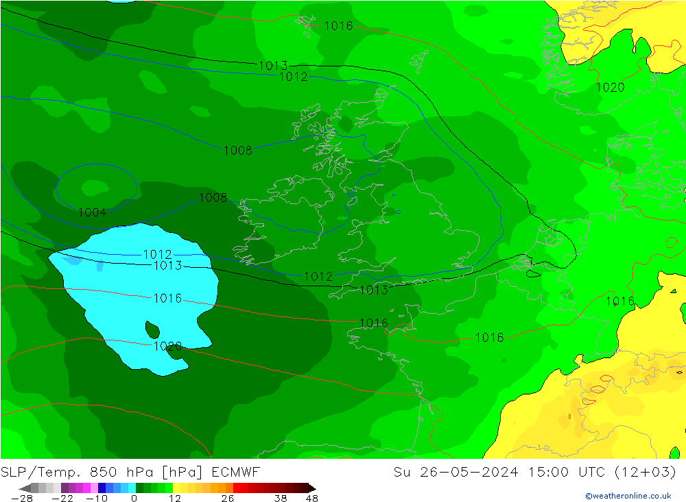 SLP/Temp. 850 гПа ECMWF Вс 26.05.2024 15 UTC