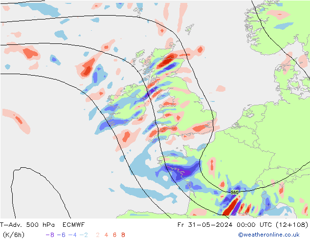 T-Adv. 500 гПа ECMWF пт 31.05.2024 00 UTC