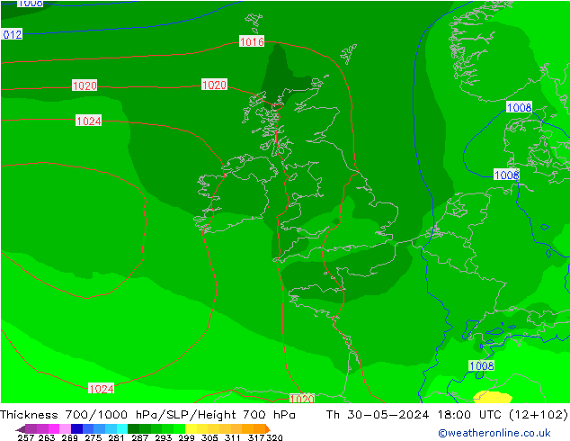 Thck 700-1000 hPa ECMWF Th 30.05.2024 18 UTC