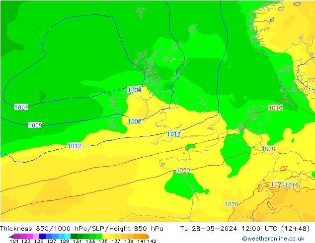 Thck 850-1000 hPa ECMWF Tu 28.05.2024 12 UTC