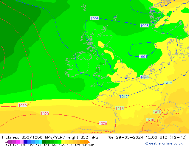 Thck 850-1000 hPa ECMWF mer 29.05.2024 12 UTC