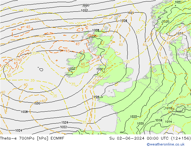 Theta-e 700hPa ECMWF dom 02.06.2024 00 UTC