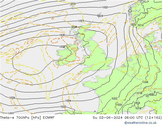 Theta-e 700hPa ECMWF Su 02.06.2024 06 UTC