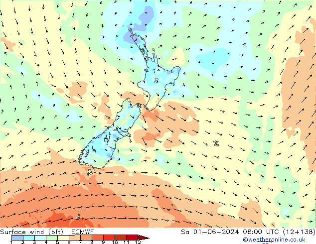 Rüzgar 10 m (bft) ECMWF Cts 01.06.2024 06 UTC