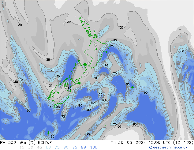 Humedad rel. 300hPa ECMWF jue 30.05.2024 18 UTC