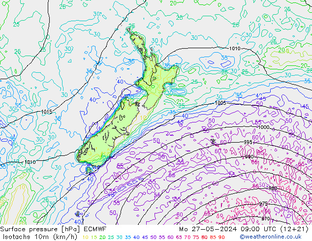 Isotachs (kph) ECMWF lun 27.05.2024 09 UTC