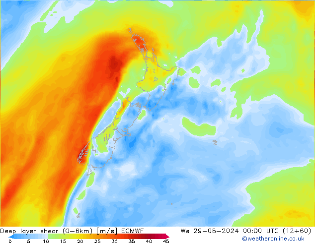 Deep layer shear (0-6km) ECMWF wo 29.05.2024 00 UTC