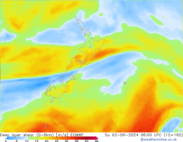 Deep layer shear (0-6km) ECMWF nie. 02.06.2024 06 UTC