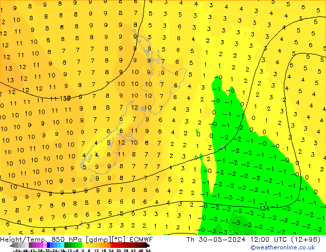 Z500/Rain (+SLP)/Z850 ECMWF czw. 30.05.2024 12 UTC