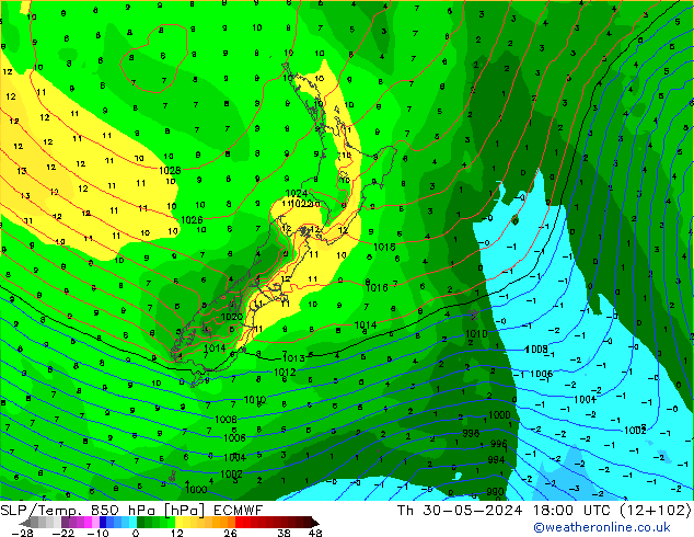 SLP/Temp. 850 гПа ECMWF чт 30.05.2024 18 UTC