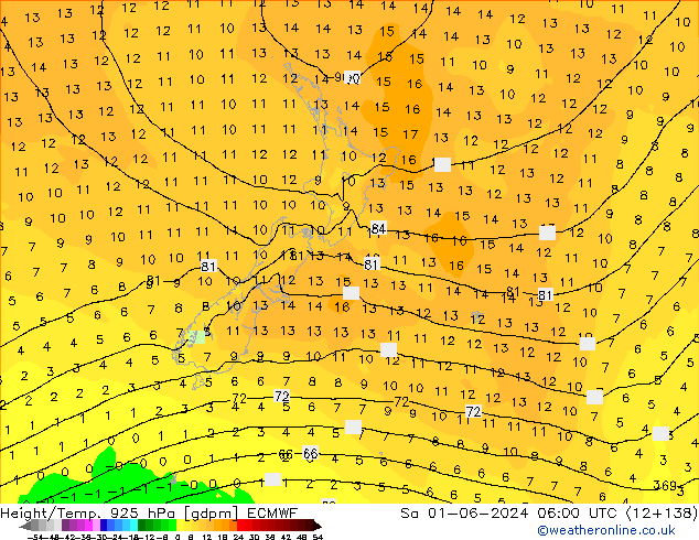 Yükseklik/Sıc. 925 hPa ECMWF Cts 01.06.2024 06 UTC