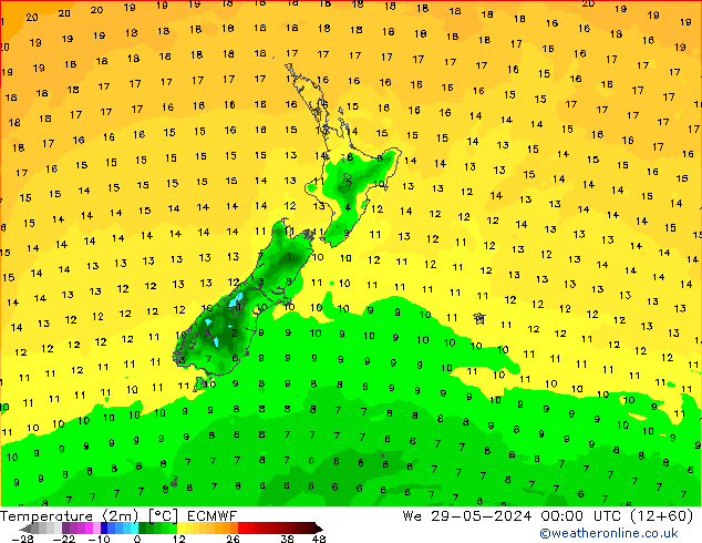 Temperatuurkaart (2m) ECMWF wo 29.05.2024 00 UTC