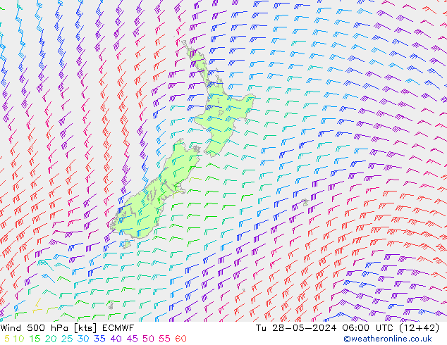Wind 500 hPa ECMWF Tu 28.05.2024 06 UTC