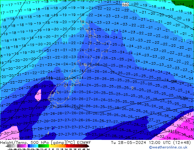 Z500/Rain (+SLP)/Z850 ECMWF Tu 28.05.2024 12 UTC