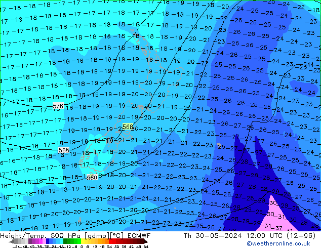 Height/Temp. 500 hPa ECMWF Do 30.05.2024 12 UTC