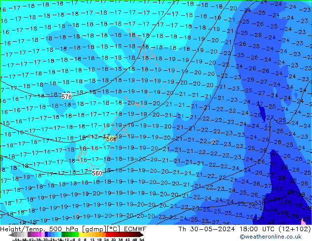 Z500/Rain (+SLP)/Z850 ECMWF Qui 30.05.2024 18 UTC