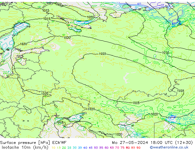 Isotaca (kph) ECMWF lun 27.05.2024 18 UTC