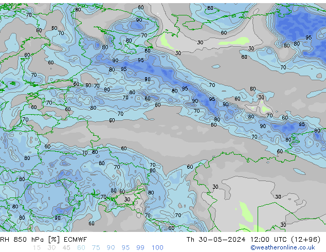 Humedad rel. 850hPa ECMWF jue 30.05.2024 12 UTC