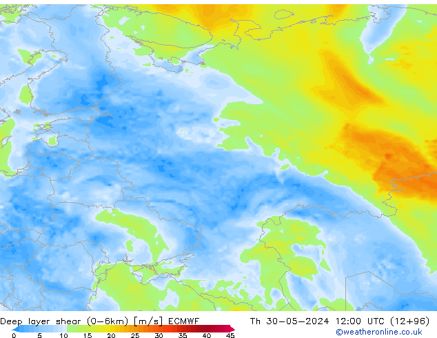 Deep layer shear (0-6km) ECMWF  30.05.2024 12 UTC