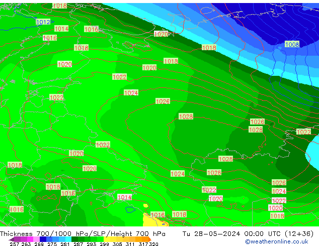 Thck 700-1000 hPa ECMWF Út 28.05.2024 00 UTC