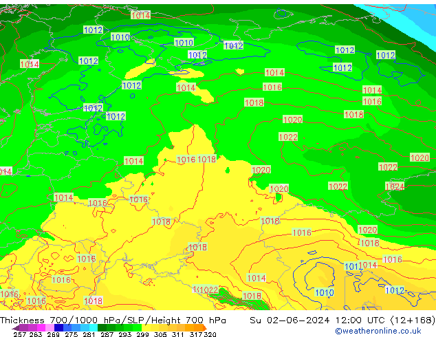 Dikte700-1000 hPa ECMWF zo 02.06.2024 12 UTC