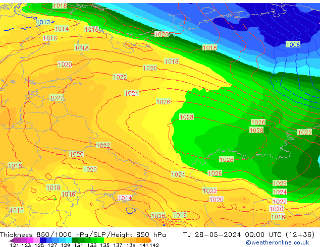 Thck 850-1000 hPa ECMWF Út 28.05.2024 00 UTC