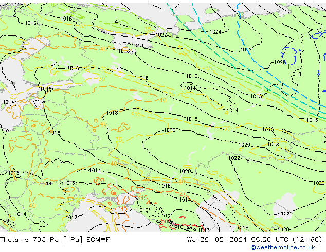 Theta-e 700hPa ECMWF mer 29.05.2024 06 UTC